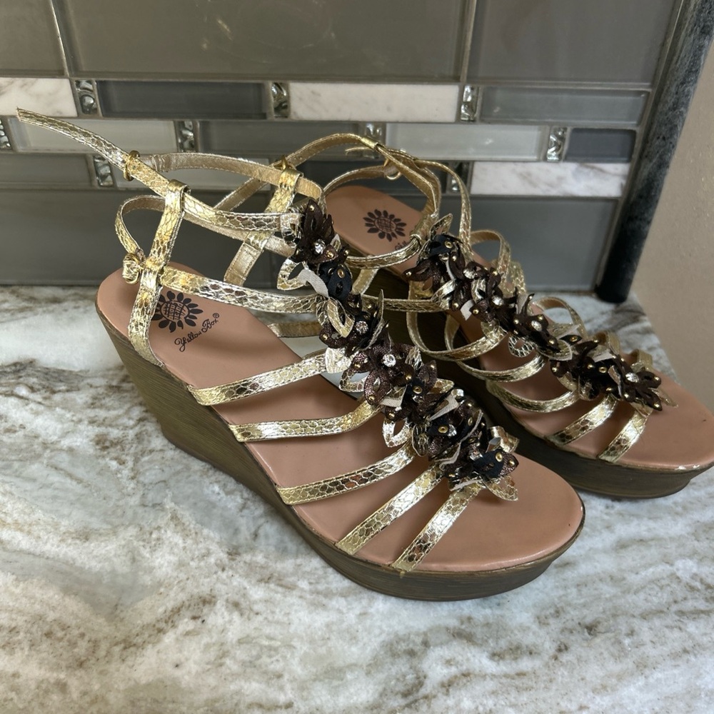 Yellow Box Leather Bronze Embellished  Sandals Gold Strappy Wedge Prom Formal.